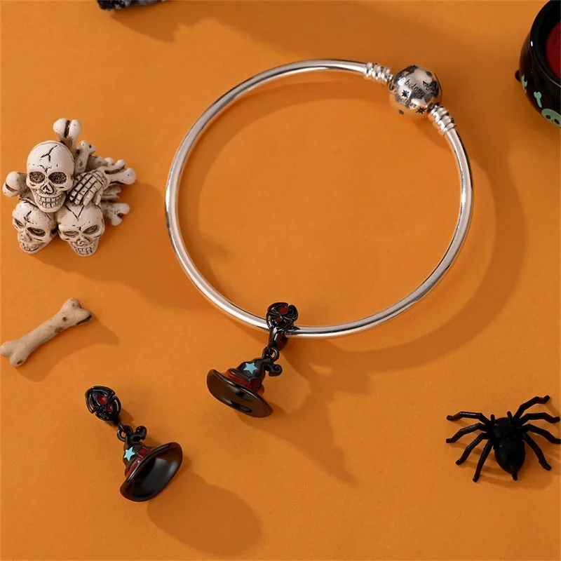 925 Sterling Silver Halloween Black Magic Hat Charms Pendant Fit Original Bracelet DIY Women Exquisite Halloween Jewelry Gifts