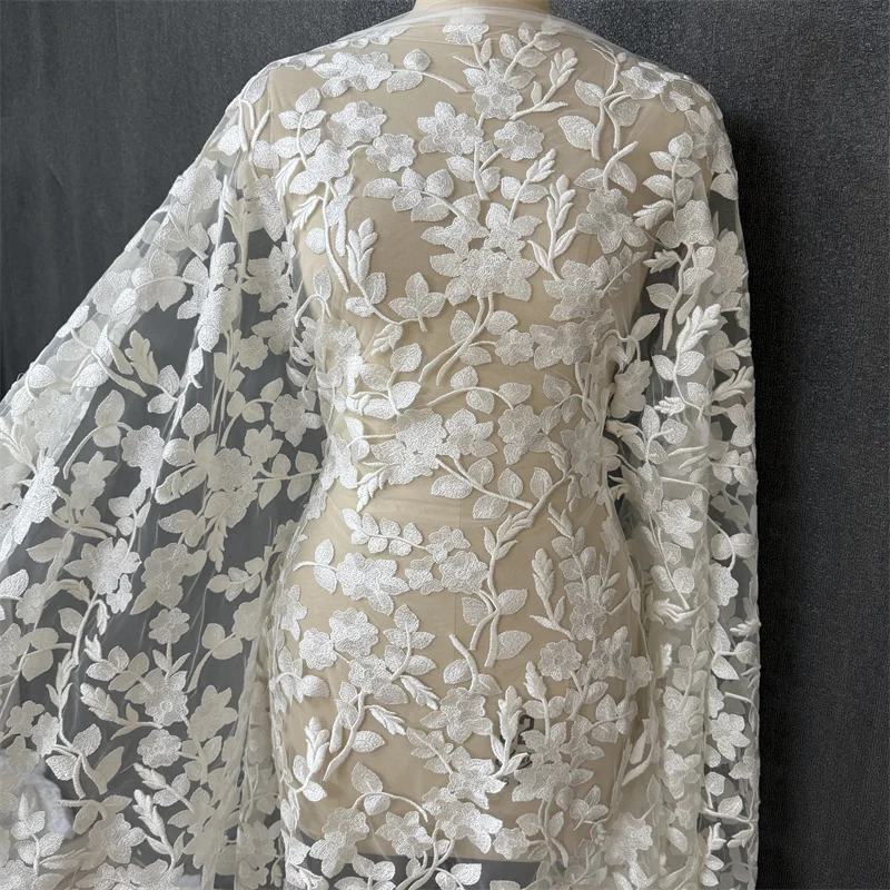 Ivory Floral Embroidery Lace Fabric Shimmer Sequin Mesh Tulle Continuous Vine Wedding Dress Bridal Veil Sewing Material