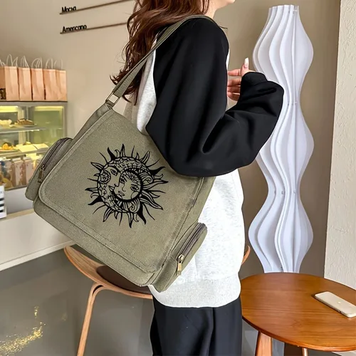Imagen 2 del producto Bolsos cruzados Vintage para mujer, bolso con mensaje estampado de sol y luna, bolso de lona de gran capacidad, regalos para mujer