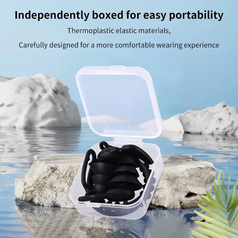 3-Layer Noise Cancelling Swim Earplugs with Rope Waterproof Ergonomic Design Sleep Swim Ear Buds with Lanyard Tether Anti-Loss
