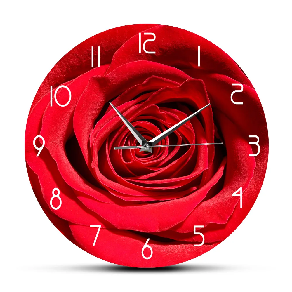

Red Rose Printed Acrylic Glass Wall Clock For Wedding Confetti Decoration Floral Wall Art Bedroom Silent Clock Valentines Gift