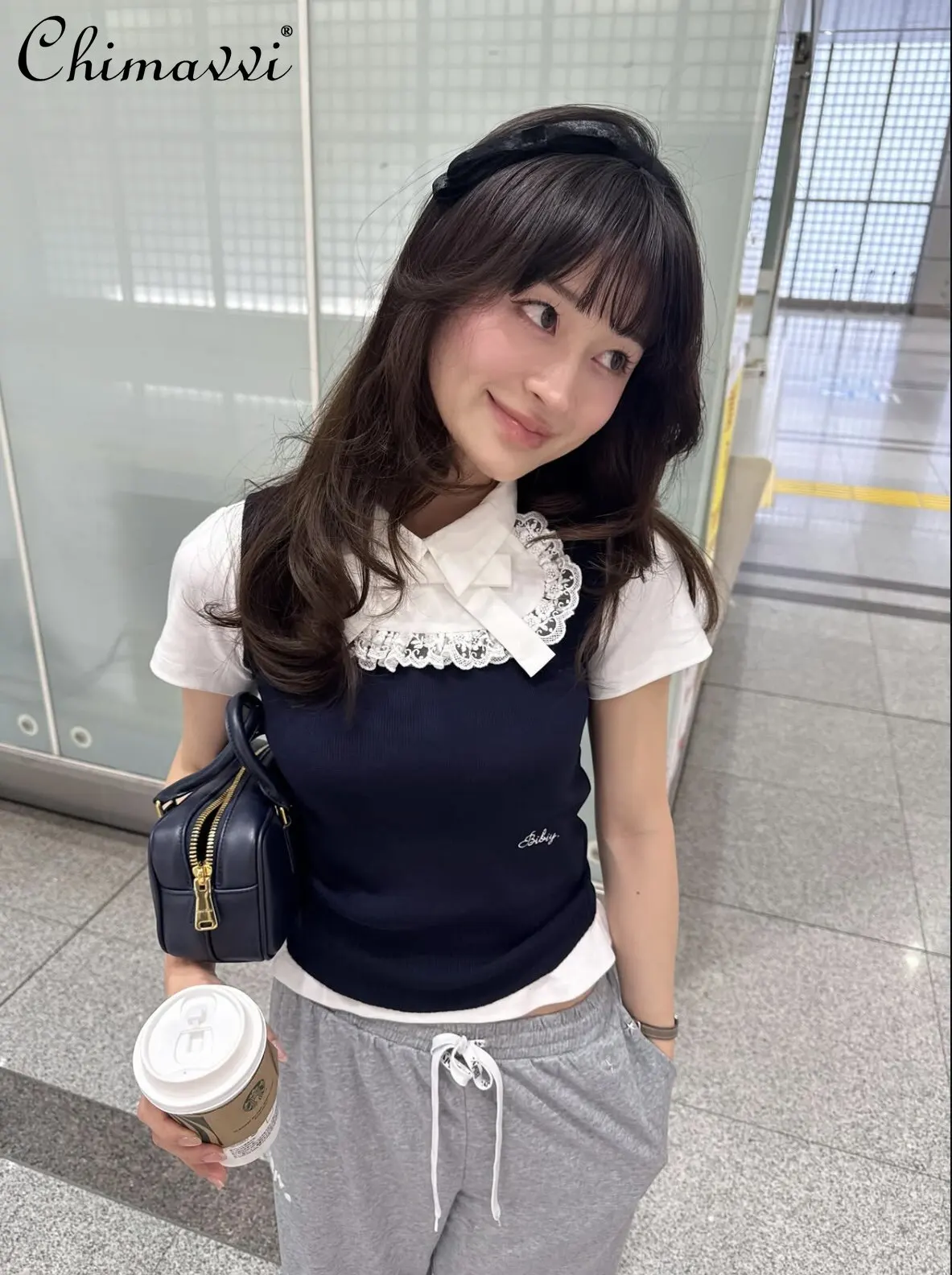 

Japanese Style Fashion Letter Sweet Neckline Lace Bow Slimming Short Sleeve T-shirt 2026 Summer New Women's Elegant Pullover Top