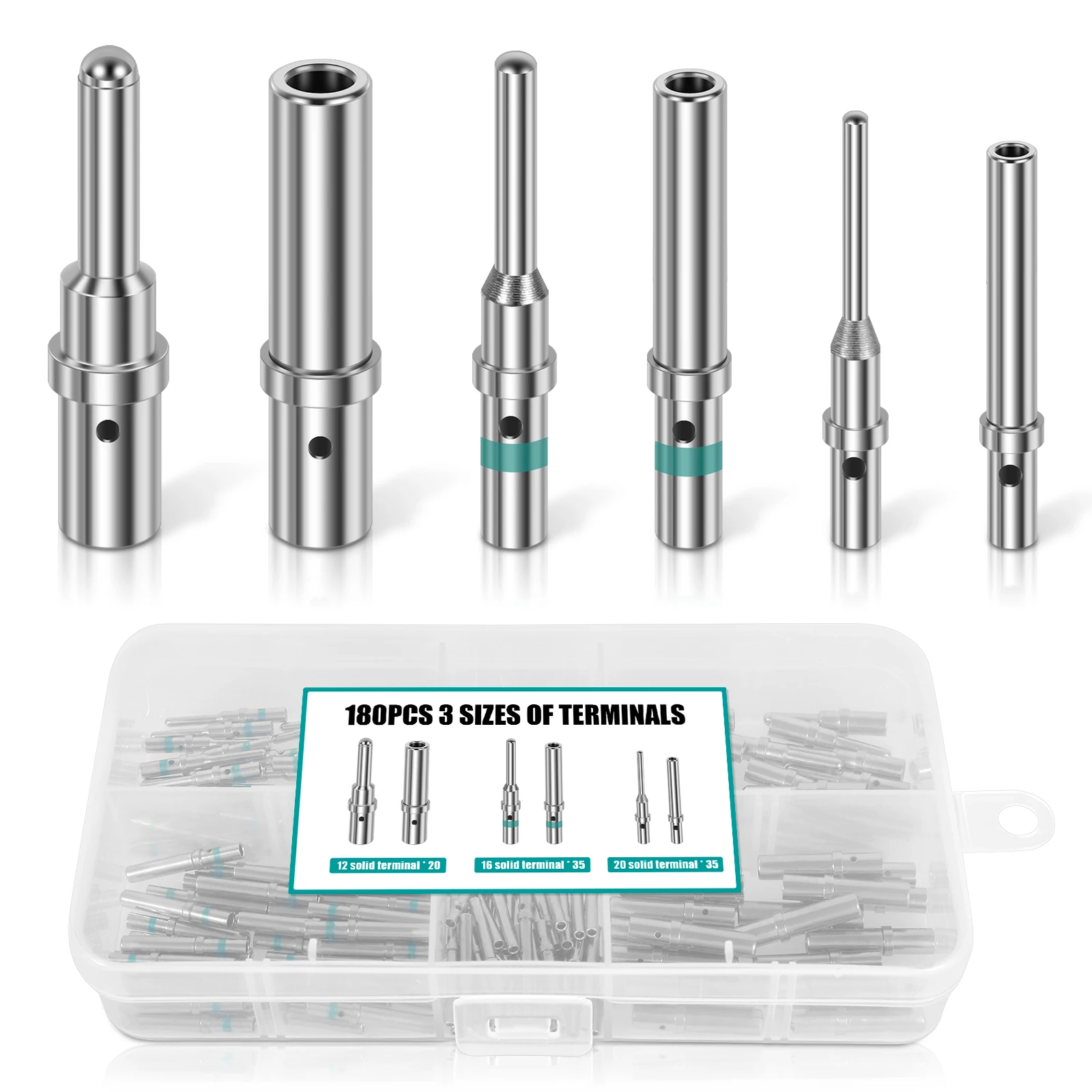 180PCS Metal Connector Pin and Socket Barrel Style Contact Pin Kit Size 12/16/20 Male and Female Solid Terminal for DTM Series