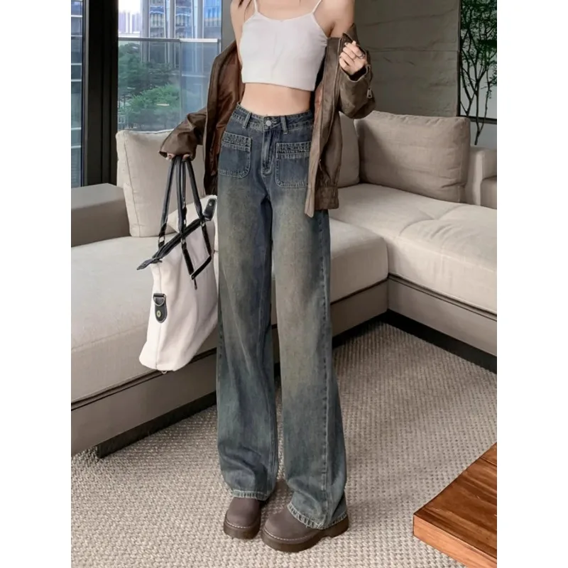 

Y2K Vintage Korean Women High Waisted Jeans Straight Tube Loose Leisure Slimming Pear Shaped Bell BottomsBaggy Denim Trousers