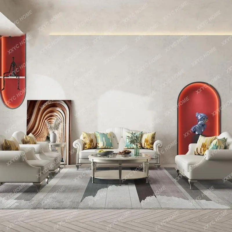 

Диван-комбинация для гостиной размера L, модель для демонстрационной комнаты, легкий люкс, из массива дерева, с заклепками, трехместный, тканевый.