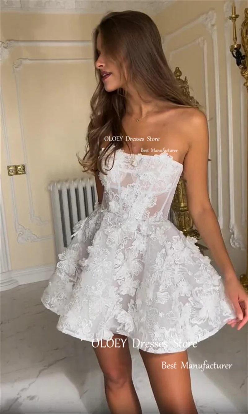 OLOEY-Mini vestidos de novia cortos sin tirantes, vestido de novia Sexy de encaje para jardín, bata de matrimonio, vestido de graduación, corsé con cordones en la espalda, 2024