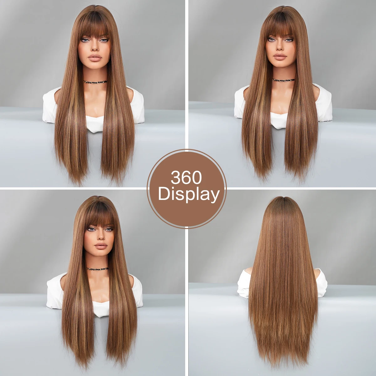 7JHH-Perruque synthétique lisse brune et blonde avec frange soignée, postiche de haute densité avec racines foncées, haute qualité