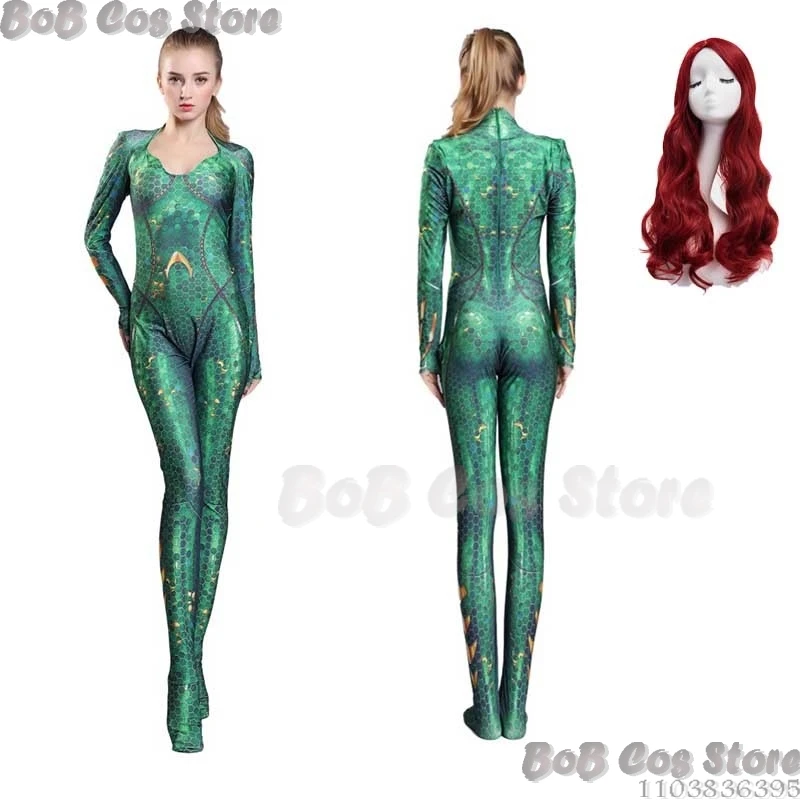 La reina Mera Amber Cosplay Anime película de mar Comic-con Cosplay mono verde agua peluca rizada roja mujer Sexy Cosplay traje verde