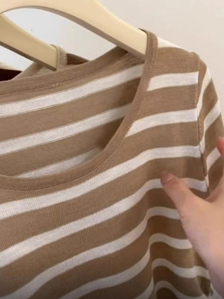 Ele Unique Slimming ort Sve Round Ne Gestreiftes Top Dünnes Design Damen T-Shirt Bequem Lässig Koreanisch Sle