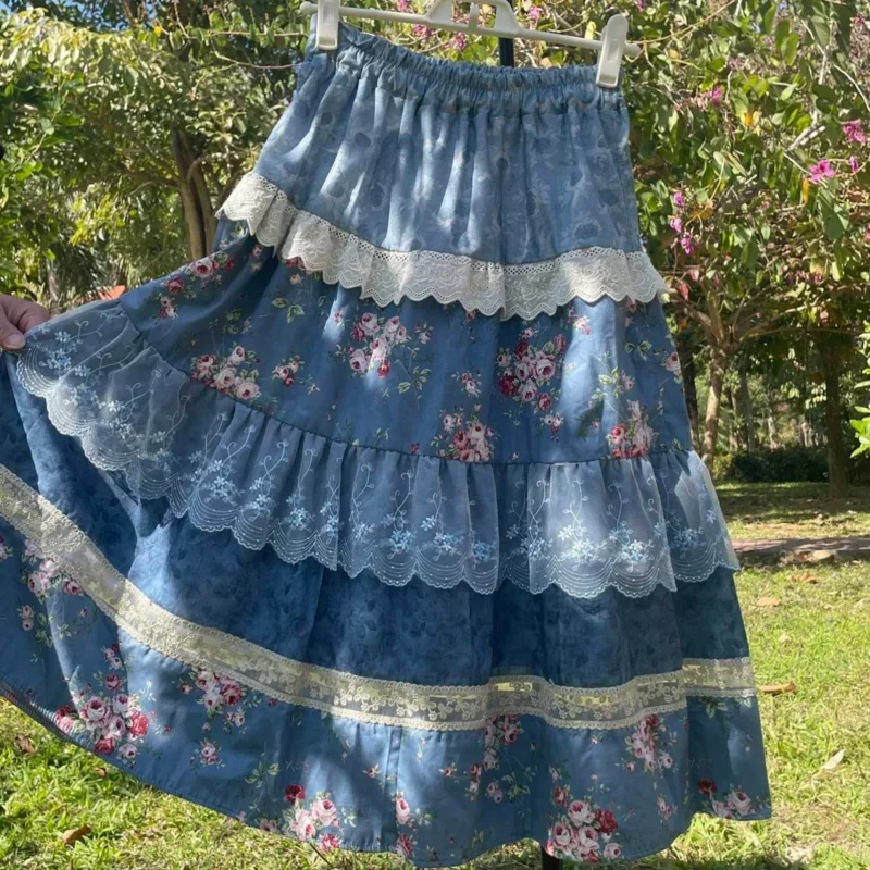 New Fashion Floral Print Cake Skirts Women Sweet Splice Lace Elastic Waist Big Swing Casaul A-line Blue Midi Skirts
