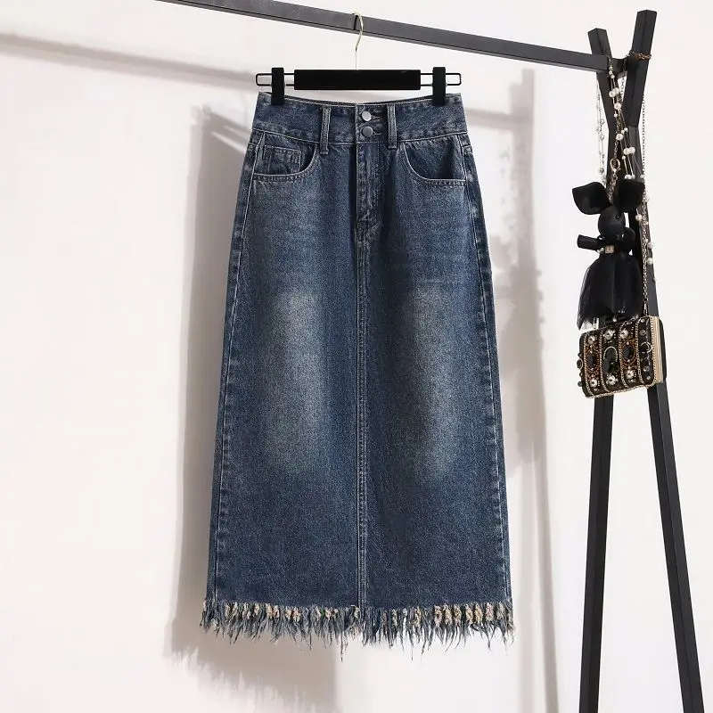 

2024 New ,Retro ruffled Denim Skirt, For Women Clothing ,Spring Autumn Cowboy Skirts, Casual High Waist Slit Tassel A-line Skirt