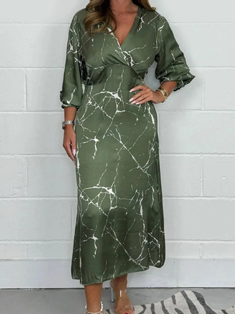 

BKLD 2025 Summer And Autumn New Fashion Printed Party Dresses Women Clothing Satin V-Neck Long Sleeve Medium Length Dress