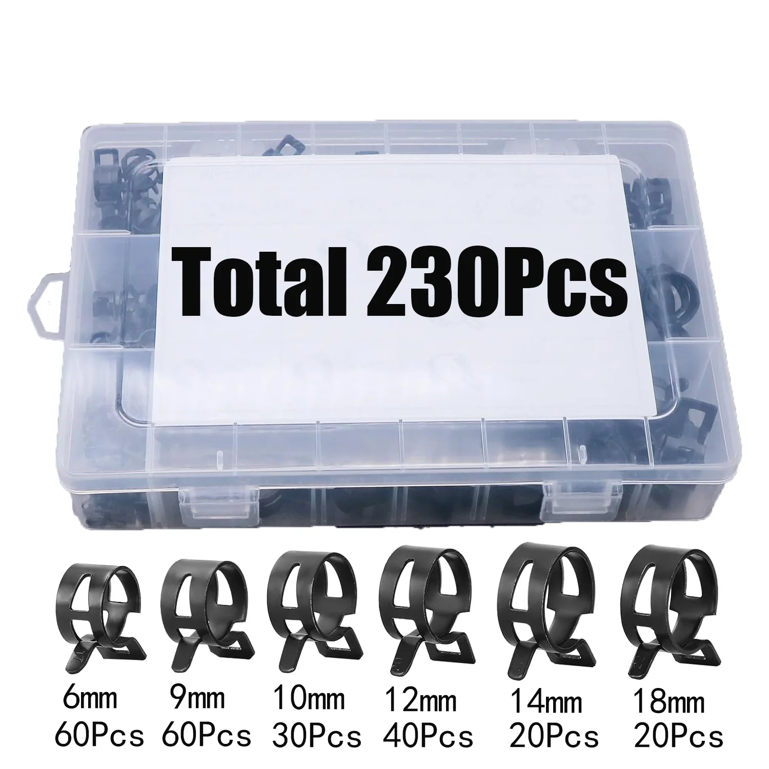 

230Pcs 6-18mm 6 Sizes Black Q673B Vacuum Spring Fuel Oil Water Hose Clip Pipe Tube for Band Clamp Metal Fastener Assortment Kit