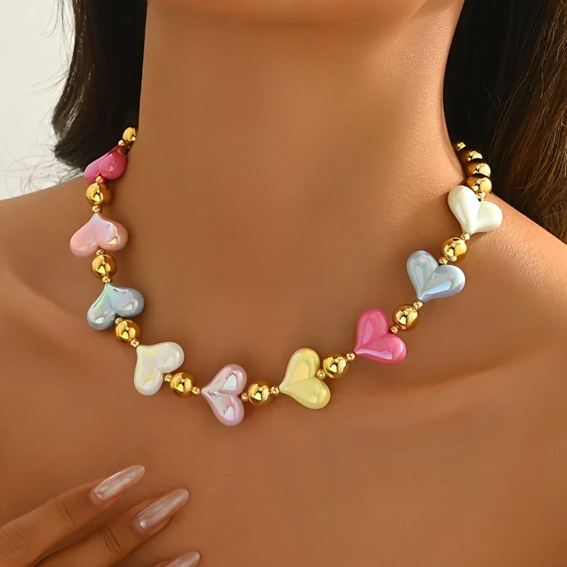 Summer Beach Resort Style Colorful Love Heart Splicing Necklace Ladies Personalized Trend Holiday Party Accessories Gifts