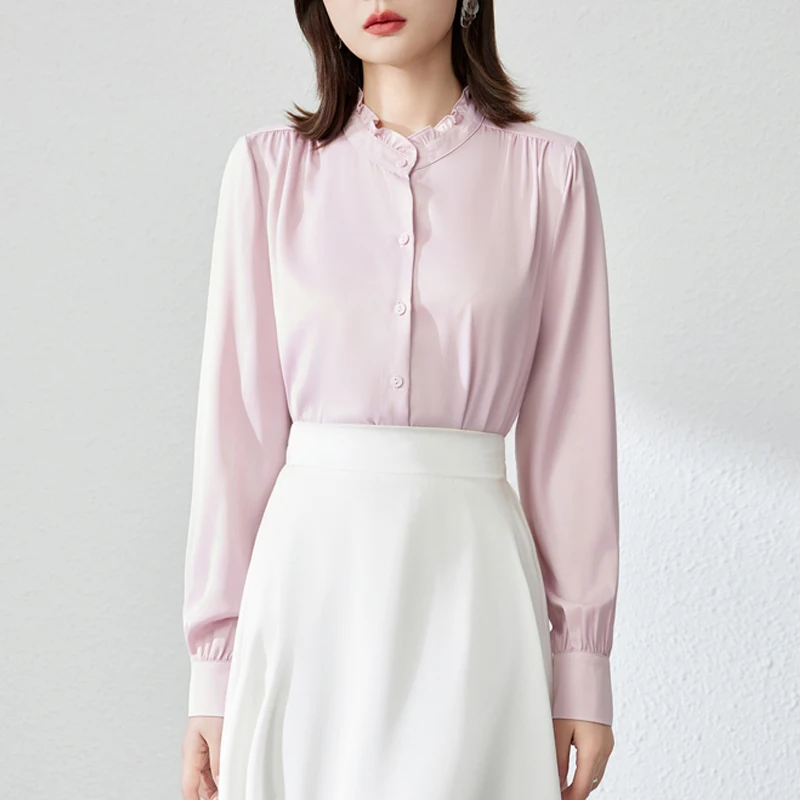 Camicia da donna in raso solido Colletto con volant Manica lunga Camicetta da donna moda 2025 Camicie bianche da donna da ufficio Top casual