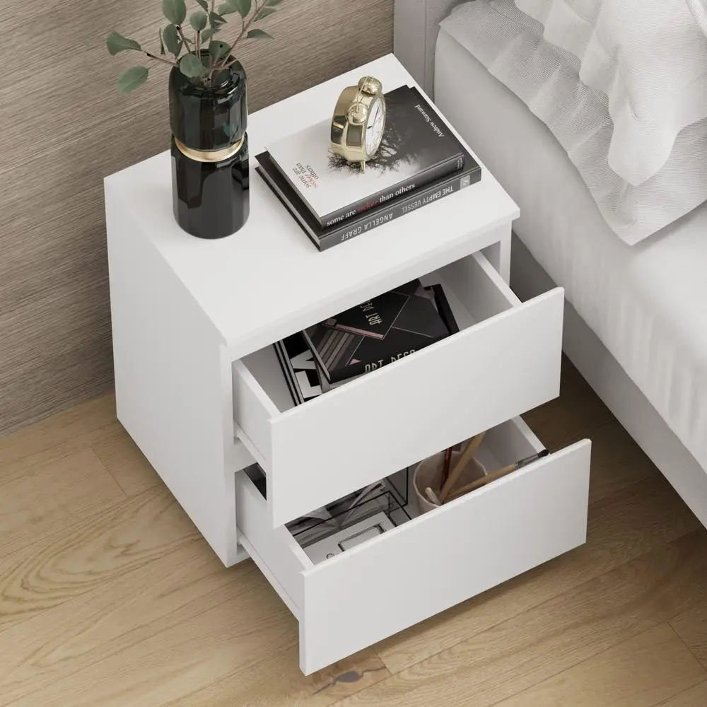 Modern White Wooden Nightstand with 2 Drawers, 15.7W x 18.9H, Handleless Bedside Storage