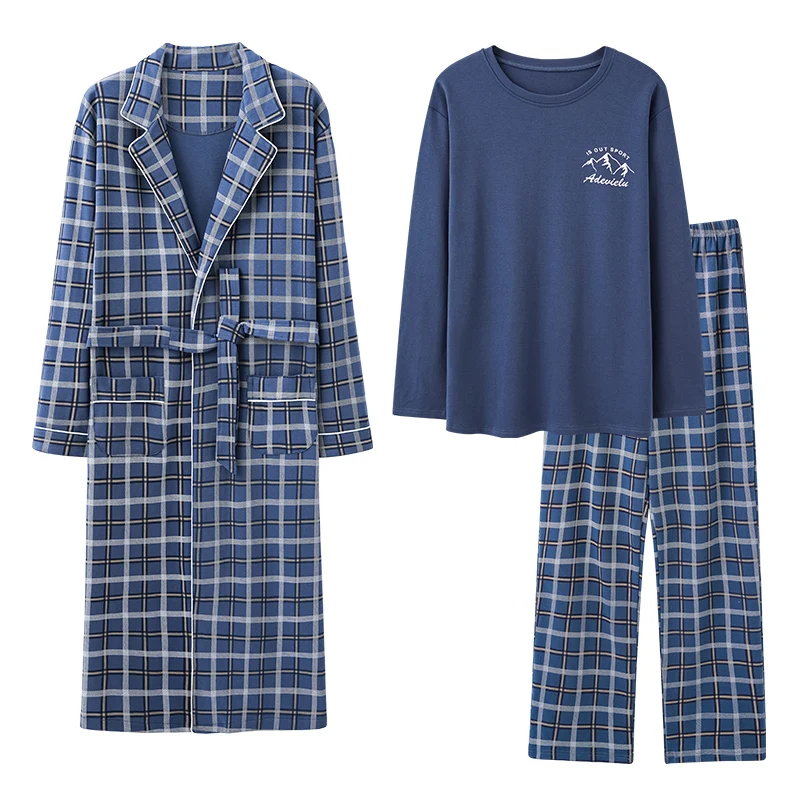 3 PCS Men Robes Set Fashion Plaid Bathrobe+Tops+Long Pants Pyjamas Homewear Cotton NightSuit Sleepwear Casual Male Home Clothes