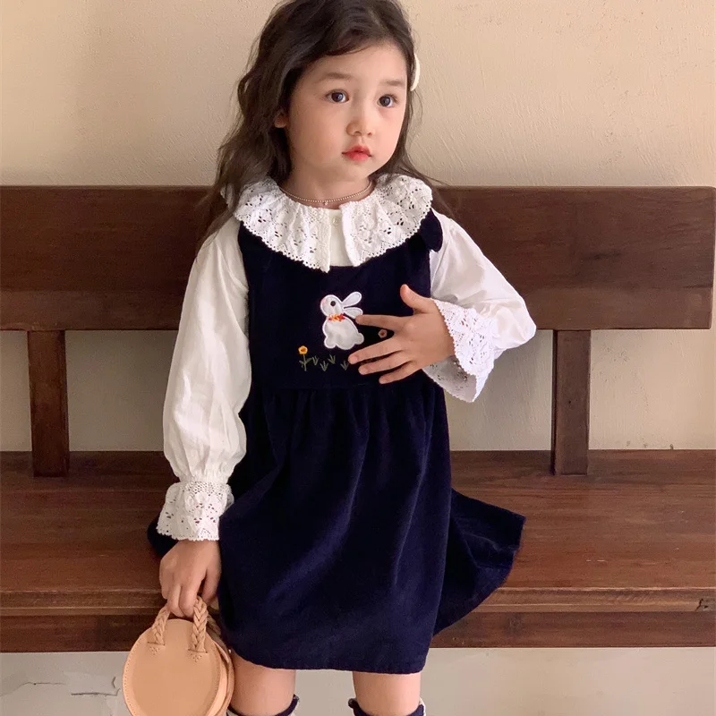 Girls Corduroy Suspender Dress + White Lace Shirt Spring Autumn Baby Sweet Rabbit Cartoon Princess Dresses 2 Piece Sets for Kids