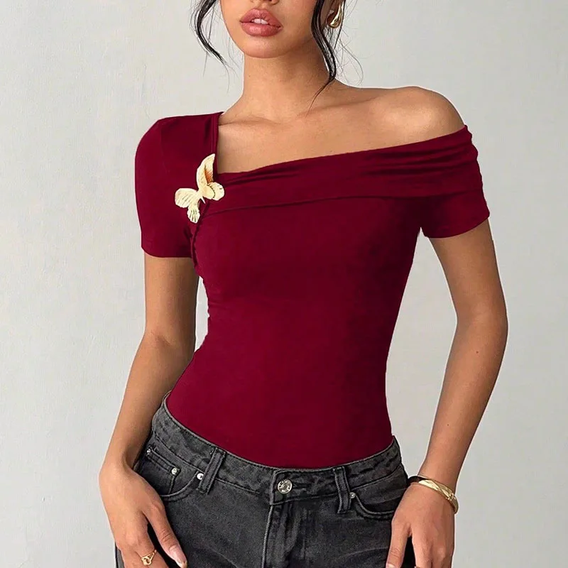 Women's Elegant Soild Off-Shoulder Inner Layer Short Sleeve T-Shirt
