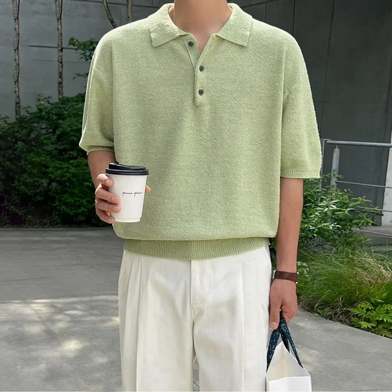 Korean Style Summer New Fashion Men's Solid Color Half Sleeve Turn-down Collar Casual Trendy Simple Basic Polo Shirts Male Tops