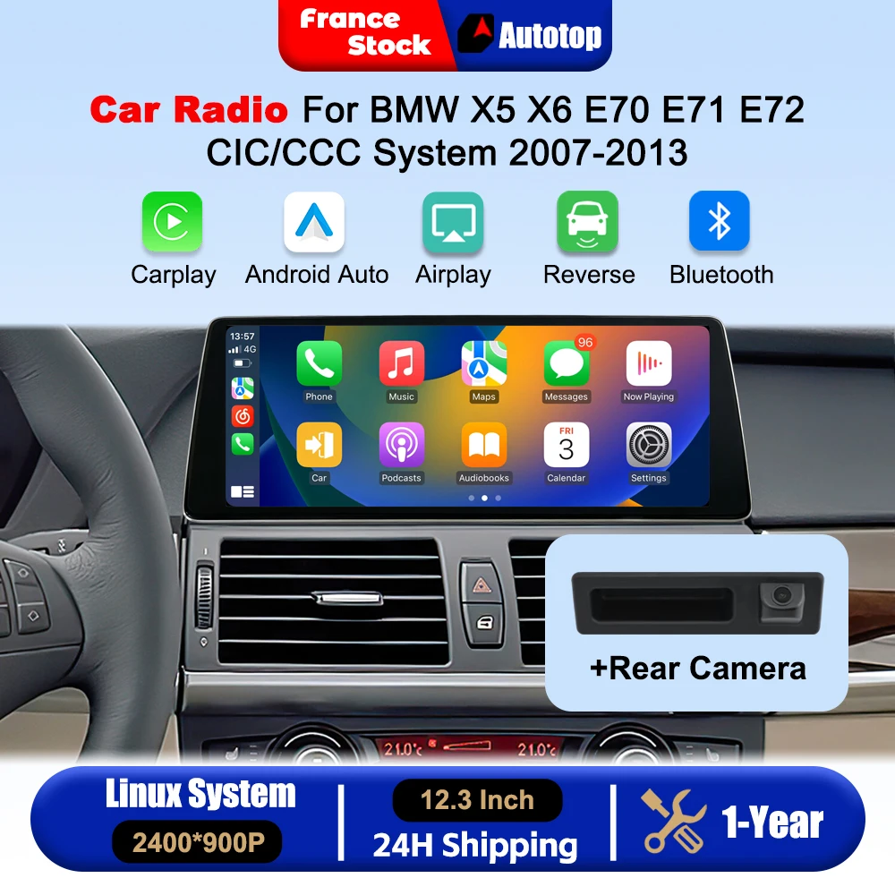 12.3 Inch 2400*900P Wireless CarPlay Android Auto Touch Screen For BMW X5 X6 E70 E71 E72 CIC/CCC System 2007-2013 Car Intelligent Systems Smart Multimedia Car Radio With Rear Camera Bluetooth GPS Navigation Autolink Navi Mirror Link AirPlay