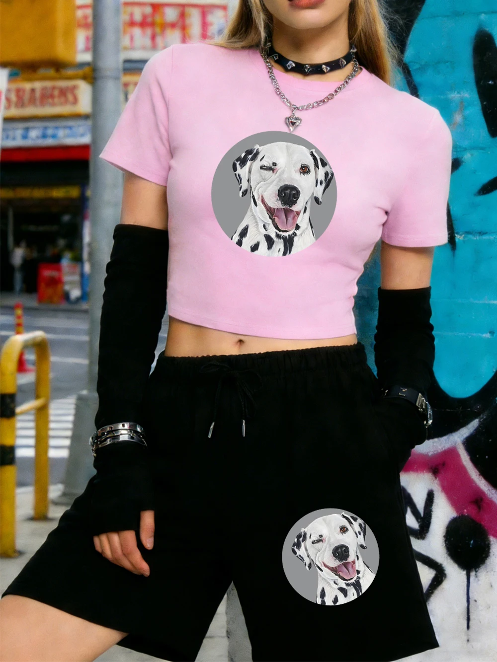 

Summer Dalmatian Dog Prints Crop T-Shirts Shorts Womans Sexy Two Pieces Set Knee Length Pants High Elastic Soft Slim O-Neck Tops