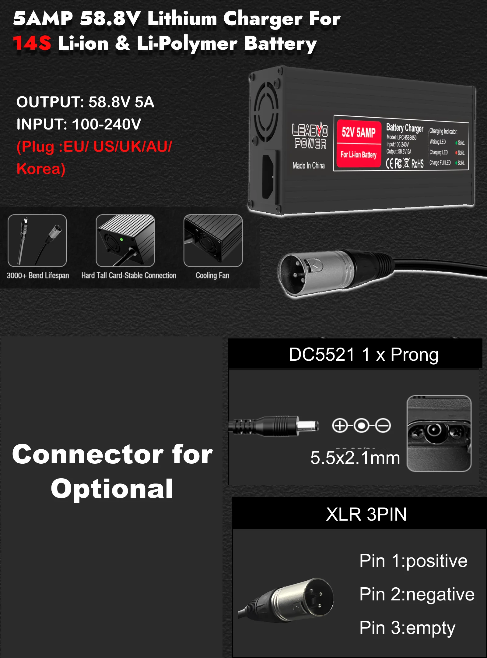 14S 52V 58.8V 5A Li-ion Battery Charger For electric bike With DC5.21 XLR-3pin Charger Plug Optional