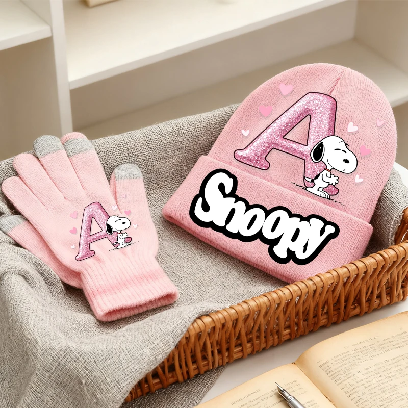 

Snoopys 2pcs Knitted Hat Gloves Set Children Pink Cartoon Winter Keep Warm Beanie Hats Boy Girl Screen Glove Xmas Birthday Gifts