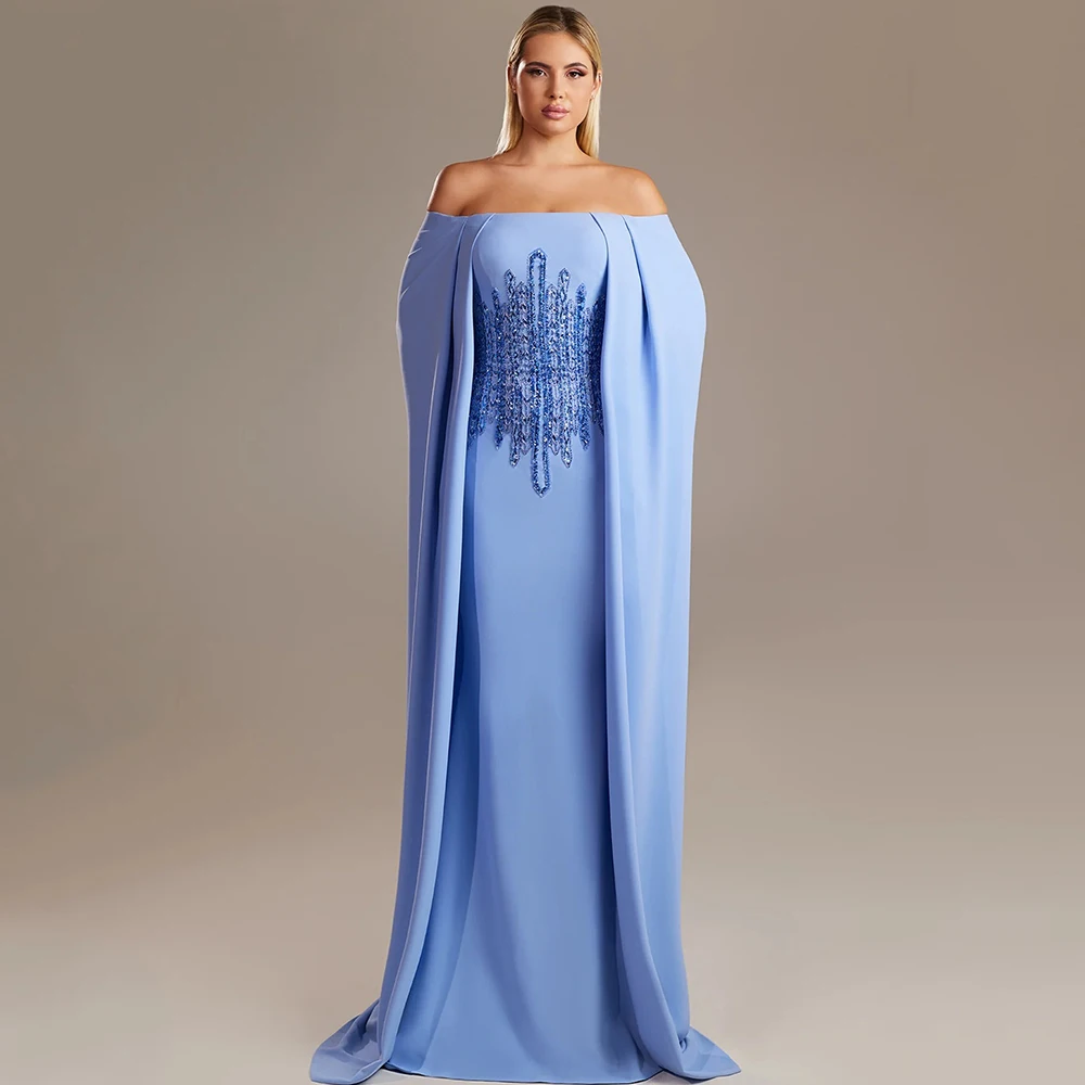 Romantic Light Blue Strapless Beading Evening Dress with Shawl Customized Pleats Straight Watteau Train Special Occasion Gowns