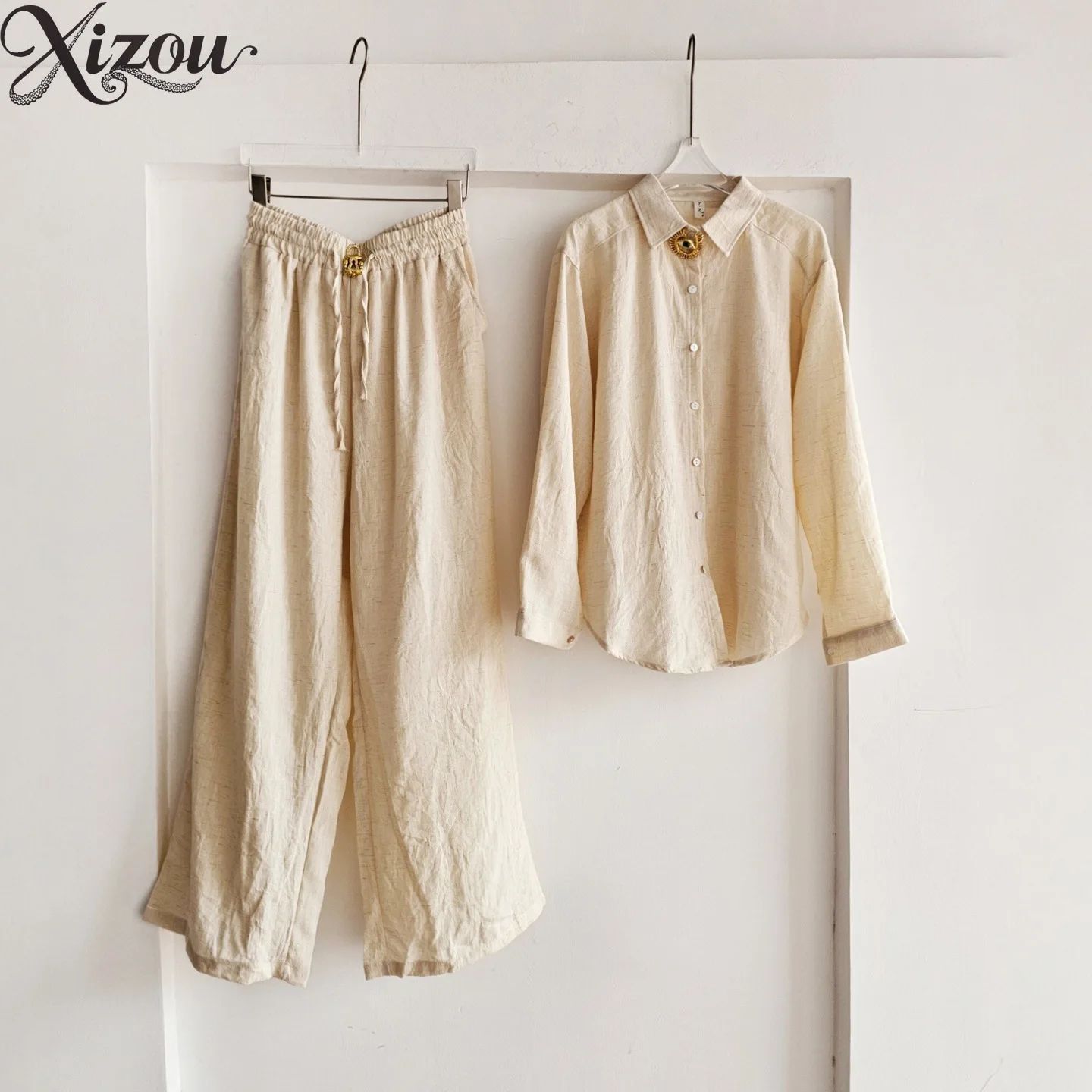 

Minimalist Metal Linen Long Sleeve Shirt Wide Leg Pant Two-Piece Set Women Summer Chic Outfit 2026 Soft Casual Elastic Waistband