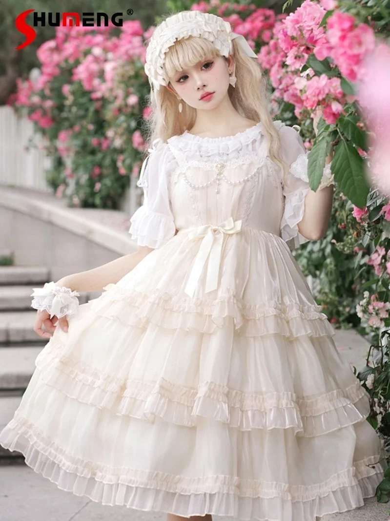 

Japanese Style Elegant Lolita JSK Dress Ruffles Lace Splicing Pearl Beaded High Waist Back Bow A-line Slim fit Sling Dress Women