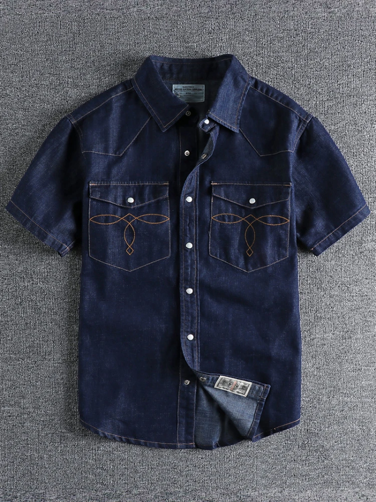 Summer New American Retro Short Sleeve Lapel Denim Cargo Shirt Men\'s Fashion Pure Cotton Washed Old Multi-pocket Casual Blouses