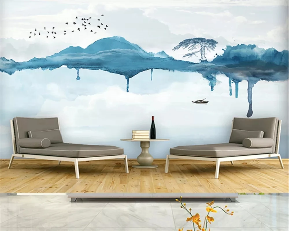 Customize Chinese artistic conception abstract ink landscape wallpaper art Living room TV background wall bedroom restaurant 8d