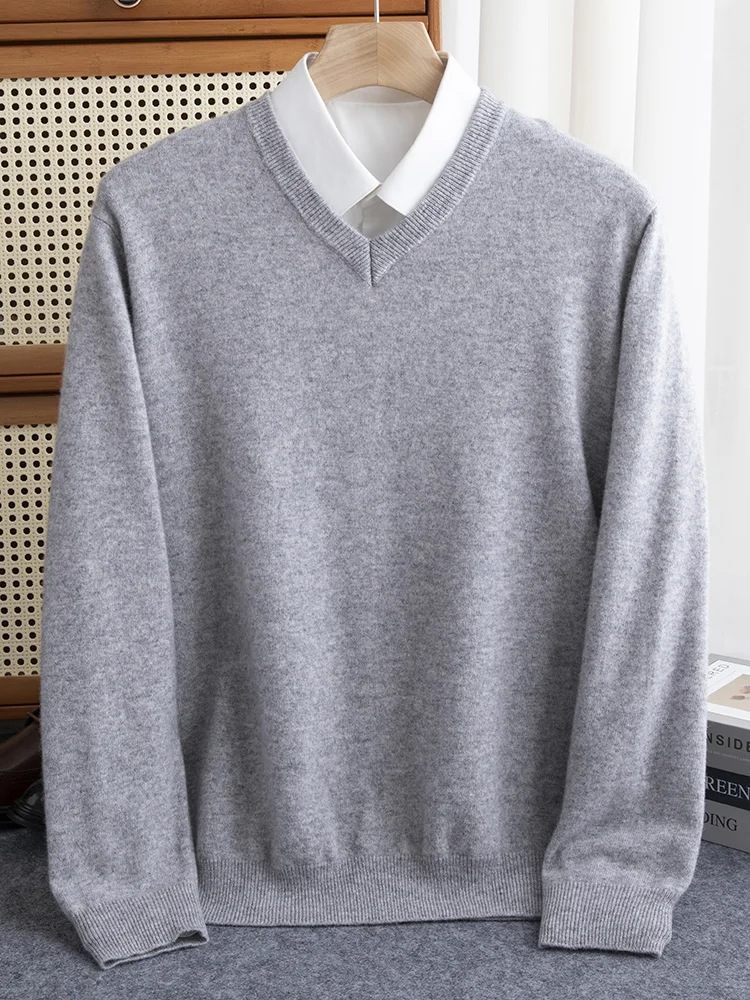 

Autumn Winter Men V-neck 100% Merino Wool Pullover Cashmere Sweater Basic Casual Bottom Business Knitwear Soft Warm Clothing