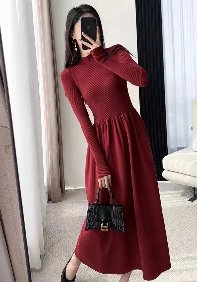 

High Quality New 2023 Autumn Winter Dress Women Knitted Patchwork Long Sleeve Mid-Calf Length Wine Red Black Basic Dress Warm