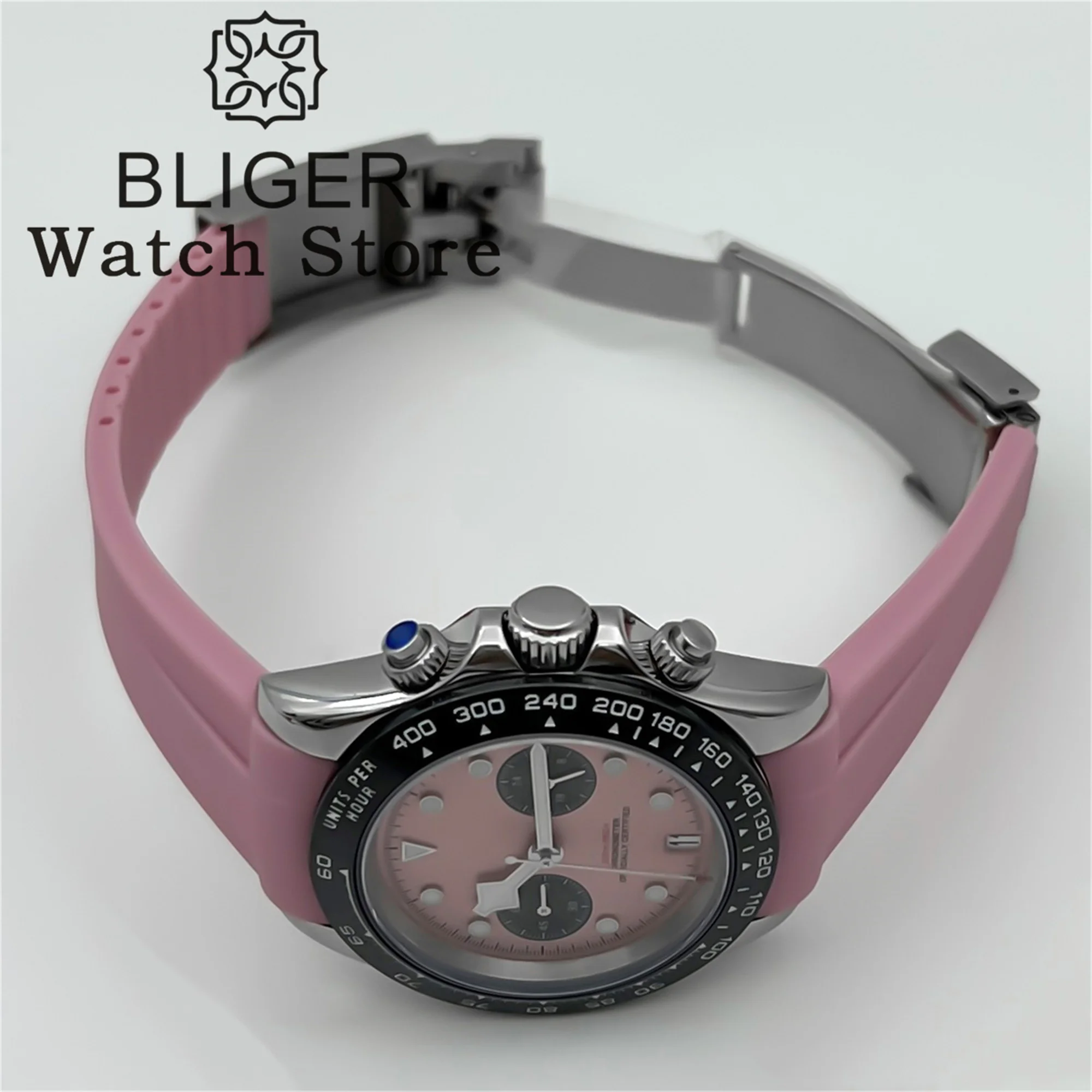 BLIGER 39mm VK64 Quartz Chronograph Watch For Men Black Pink Black Dial 5 Hand 6 O\'clock Date Sapphire Crystal Rubber Strap