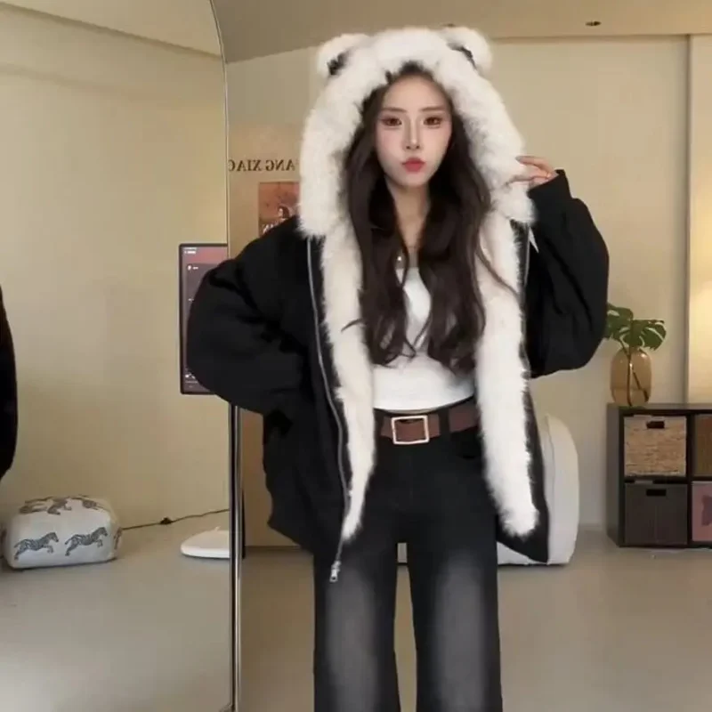 Płaszcz z grubym futrem damski American Gyaru Acubi Ropa Mujer Streetwear Punk Gothic Vintage Chaquetas Fleece Coat