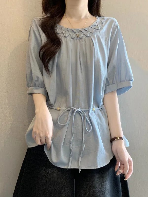 

Chic Light Blue Short Sleeve Shirt Women's Summer New plus Size Beaded Waist Cinched Top Korean Style Commute Wind Loose Fit