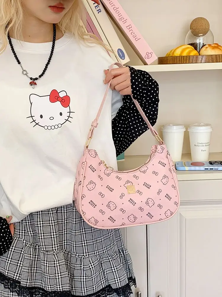 

Sanrio Shoulder Bag for Woman Cute Hello Kitty Underarm Bag Waterproof Half Moon Shaped Luxury Designer Purses and Handbags