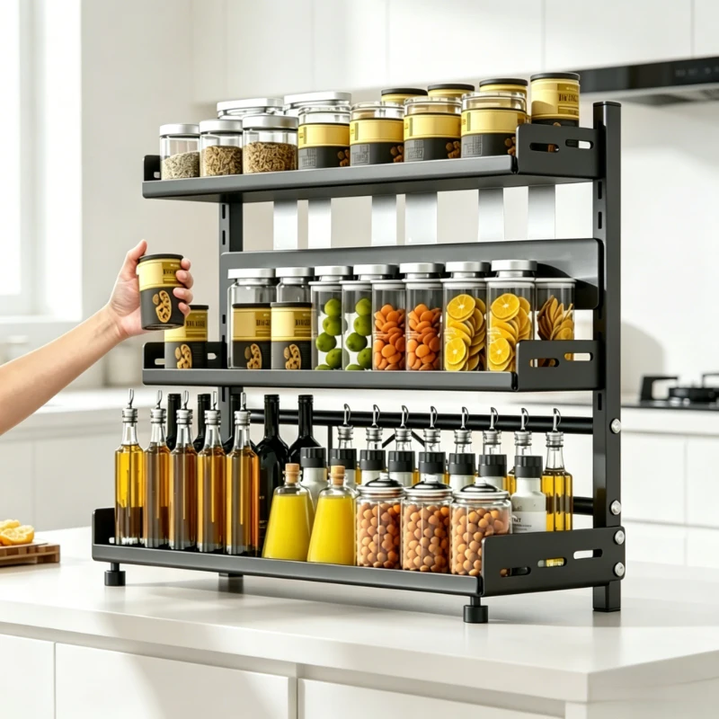 

Black 3 Tier Metal Spice Rack Adjustable Storage Organizer for Kitchen Countertop and Cabinet Organization