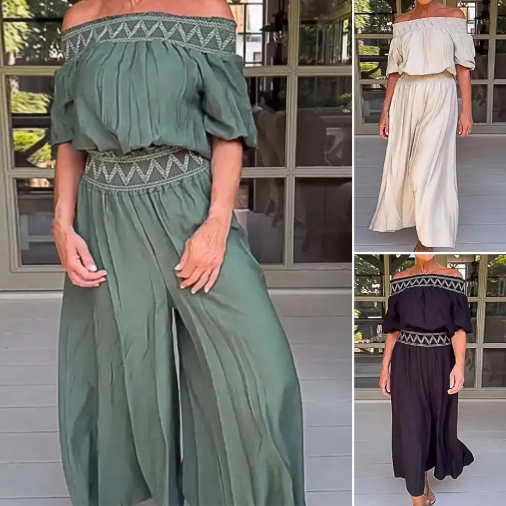 

Women Wide-leg Jumpsuit Stylish Off Shoulder Women's Jumpsuit with Wide Leg Elastic Waist for Shopping Dating Commuting in Solid