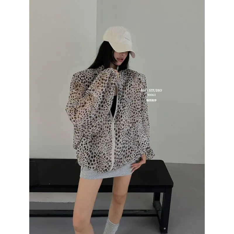American Style Vintage Leopard Sun-protective Clothing for Women Summer Zipper Casual Coats Spicy Girls Thin Sports Jacket