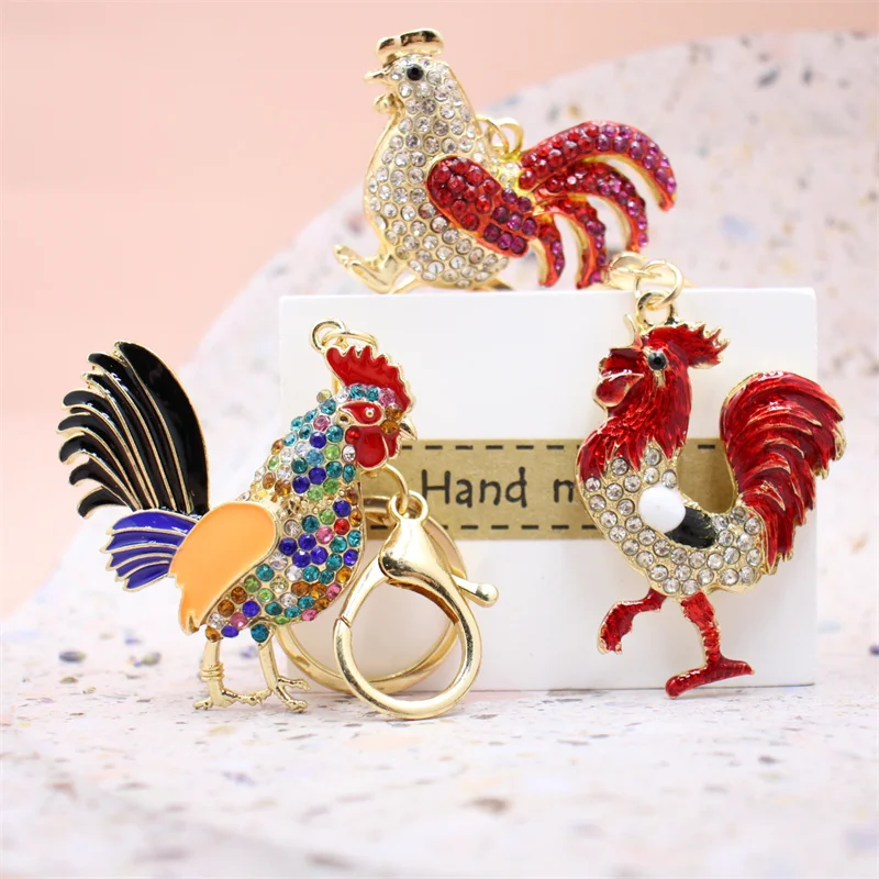 Luxury Rooster Keychains Women Rhinestone Hen Car Key Chain Metal Pendant Chicken Keyring Holder Female Bag Accessories