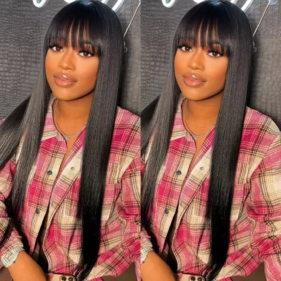 

BAHW Hair Straight Wig Burmese Wigs 100% Virgin Hair Human Hair Wigs With Bangs Full Machine Made 180% Density Wigs Remy Hair