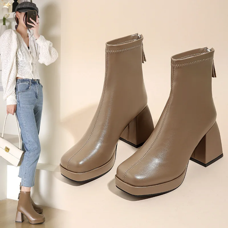 

New Fashion Ankle Boots for Women High Heels Chunky Platform Stretch Fabric Square Toe White Sole Zipper Young Lady Booties 2022