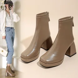 New Fashion Ankle Boots for Women High Heels Chunky Platform Stretch Fabric Square Toe White Sole Zipper Young Lady Booties 2022