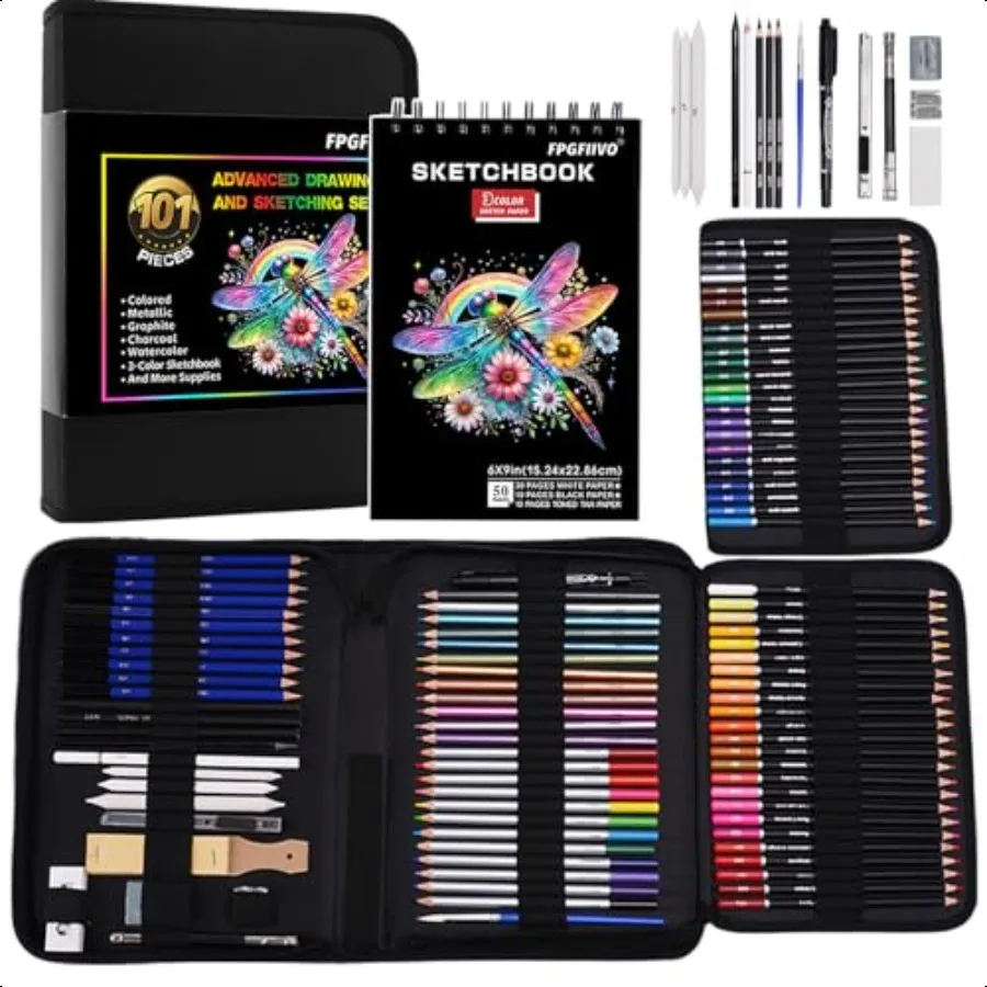 Juego de bocetos de arte de 101 Uds., conos de arte profesional con cuaderno de bocetos de 3 colores y lápices de carbón de grafito metálico de acuarela de colores Tutorial