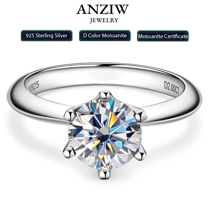 Anziw 2CT 3CT anillo de moissanita 1CT 0.5CT anillo de compromiso de boda Plata de Ley 925 para mujeres joyería de dedo de diamante solitario