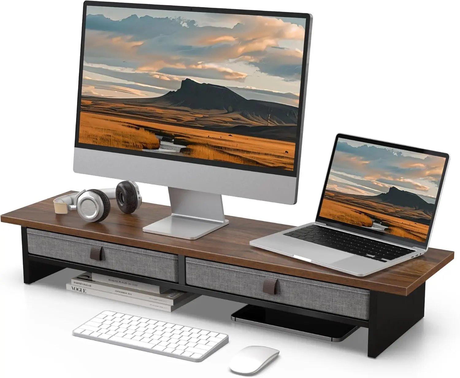 

2-Tier Monitor Stand with Drawer, 35-Inch Desk Riser for Dual Monitors, Home Office Computer Shelf