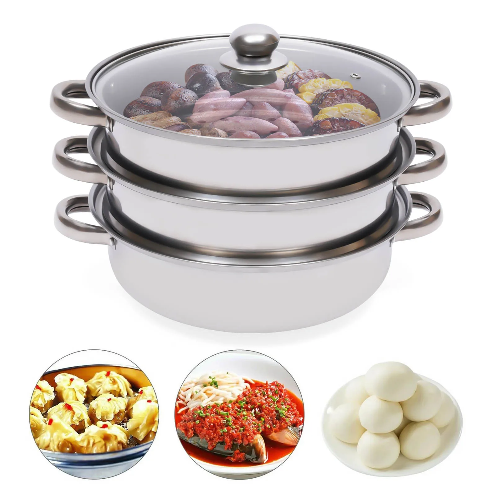 

3-Tier Stainless Steel Steamer Kitchen Cookware Food Soup Steamer Pot Universal Cooking Pots